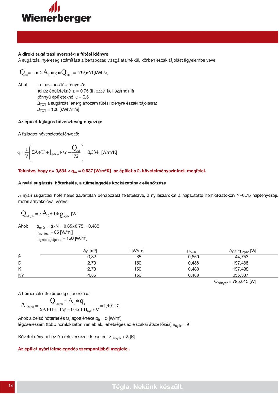 ) könnyű épületeknél ε = 0,5 Q TOT a sugárzási energiahozam fűtési idényre északi tájolásra: Q TOT = 100 [kwh/m 2 a] Az épület fajlagos hőveszteségtényezője A fajlagos hőveszteségtényező: [W/m 3 K]