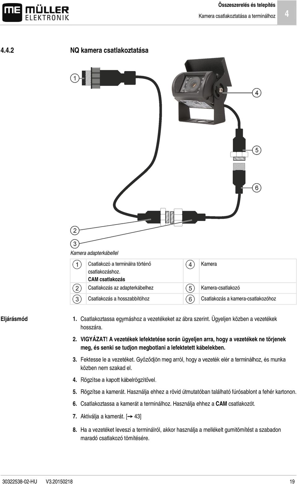 Ügyeljen közben a vezetékek hosszára. 2. VIGYÁZAT! A vezetékek lefektetése során ügyeljen arra, hogy a vezetékek ne törjenek meg, és senki se tudjon megbotlani a lefektetett kábelekben. 3.