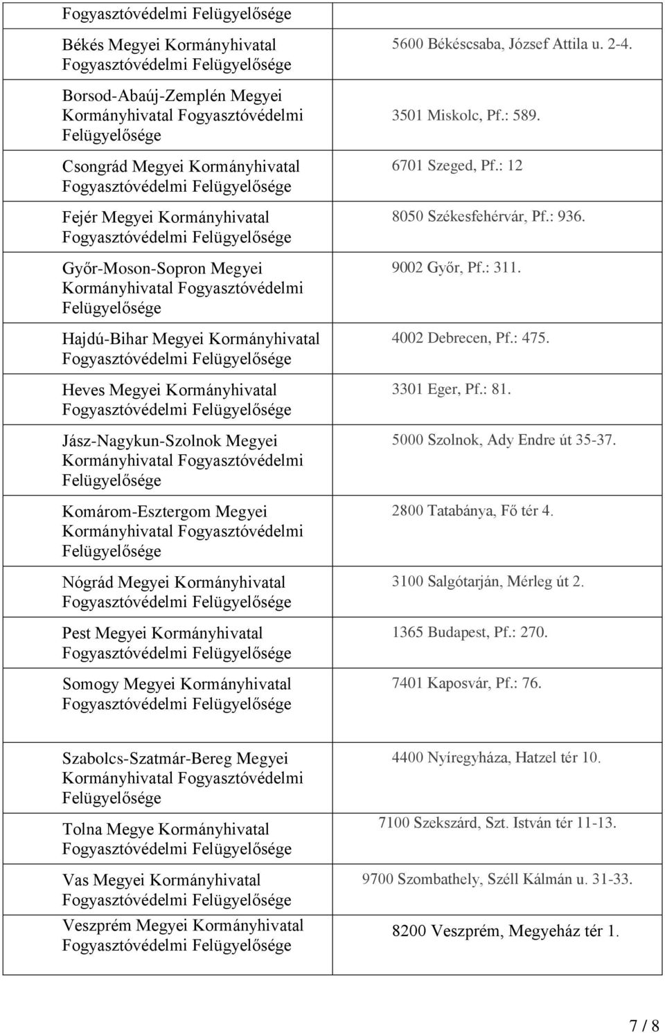 3501 Miskolc, Pf.: 589. 6701 Szeged, Pf.: 12 8050 Székesfehérvár, Pf.: 936. 9002 Győr, Pf.: 311. 4002 Debrecen, Pf.: 475. 3301 Eger, Pf.: 81. 5000 Szolnok, Ady Endre út 35-37.