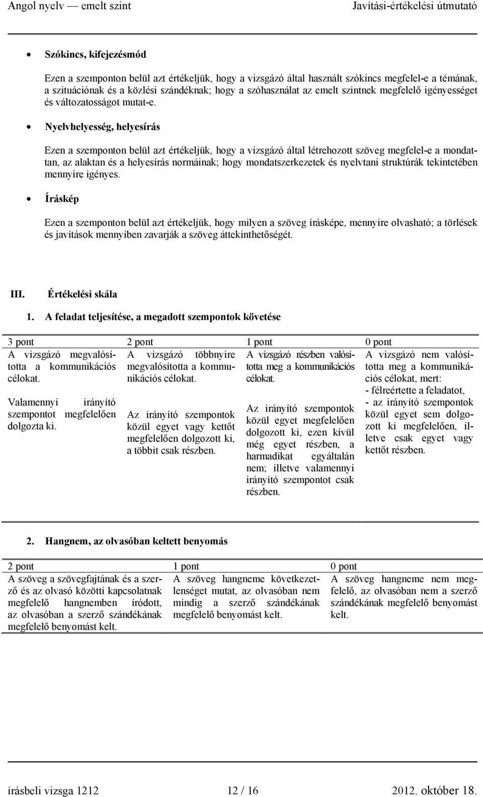 Nyelvhelyesség, helyesírás Ezen a szemponton belül azt értékeljük, hogy a vizsgázó által létrehozott szöveg megfelel-e a mondattan, az alaktan és a helyesírás normáinak; hogy mondatszerkezetek és