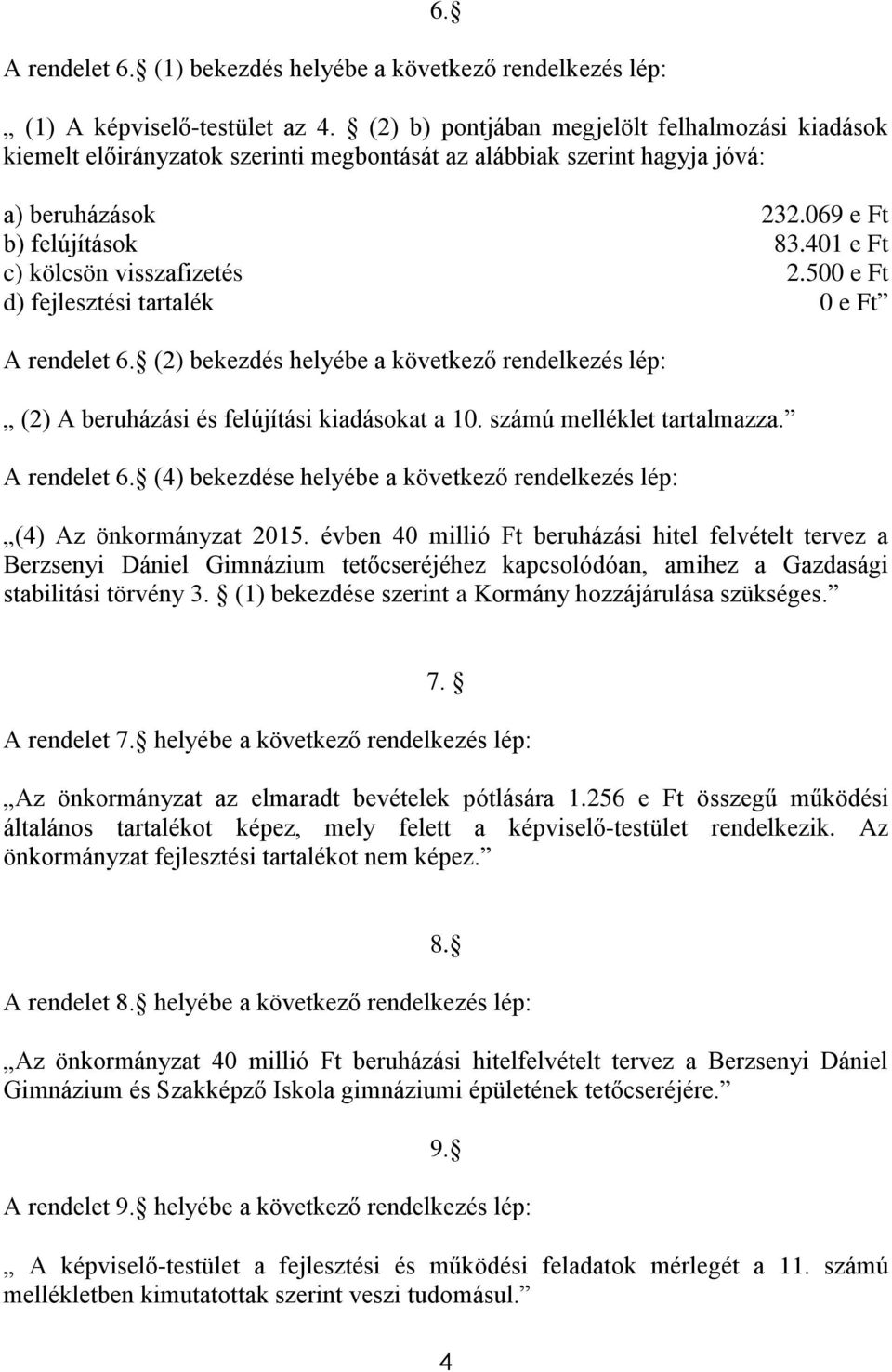 401 e Ft c) kölcsön visszafizetés 2.500 e Ft d) fejlesztési tartalék 0 e Ft A rendelet 6. (2) bekezdés helyébe a következő rendelkezés lép: (2) A beruházási és felújítási kiadásokat a 10.