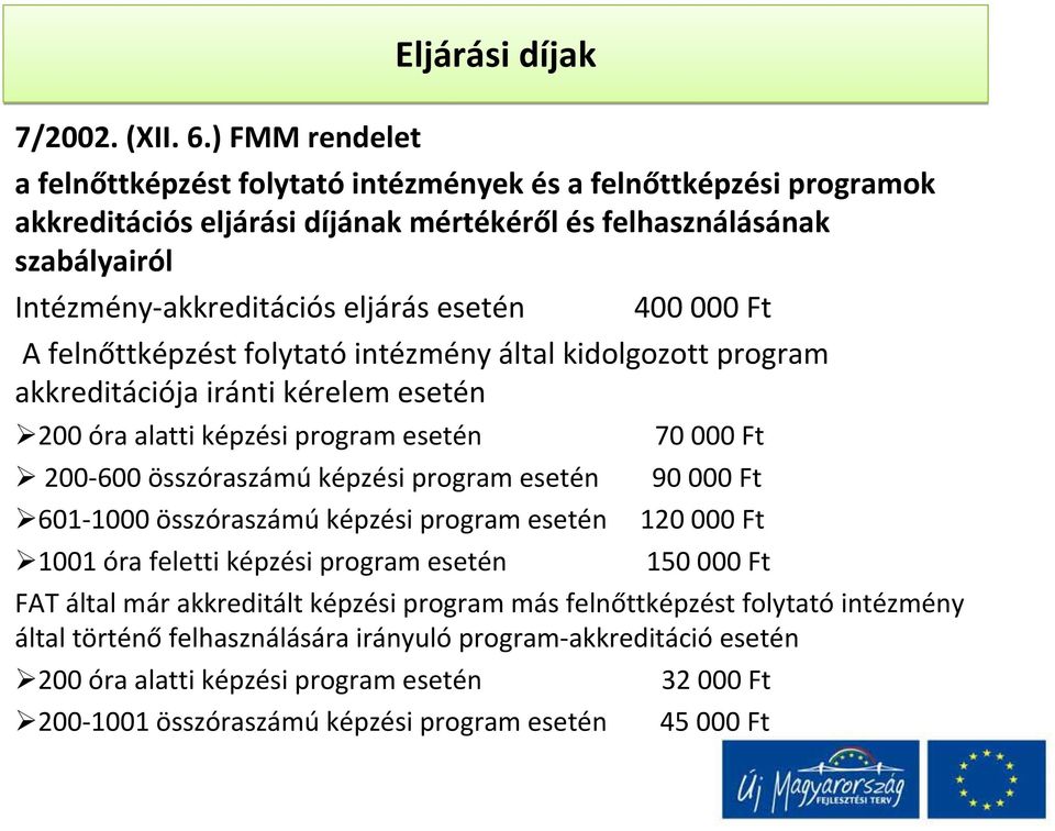 400 000 Ft A felnőttképzést folytató intézmény által kidolgozott program akkreditációja iránti kérelem esetén 200 óra alatti képzési program esetén 70 000 Ft 200 600 összóraszámú képzési program