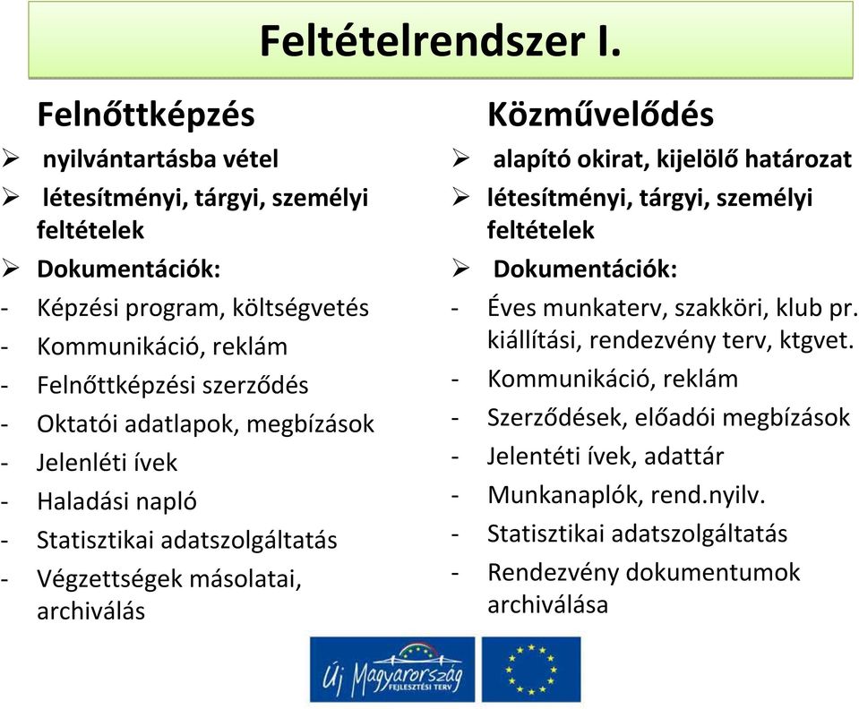 Közművelődés alapító okirat, kijelölő határozat létesítményi, tárgyi, személyi feltételek Dokumentációk: Éves munkaterv, szakköri, klub pr.