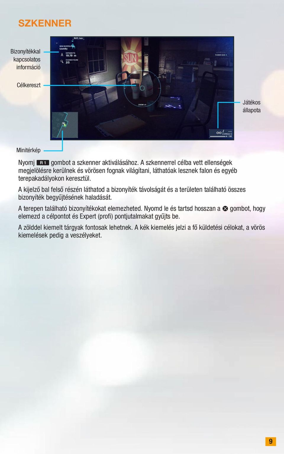A kijelző bal felső részén láthatod a bizonyíték távolságát és a területen található összes bizonyíték begyűjtésének haladását.