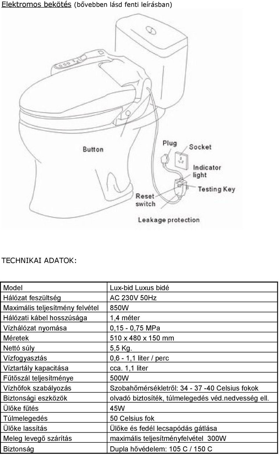 szárítás Biztonság Lux-bid Luxus bidé AC 230V 50Hz 850W 1,4 méter 0,15-0,75 MPa 510 x 480 x 150 mm 5,5 Kg. 0,6-1,1 liter / perc cca.
