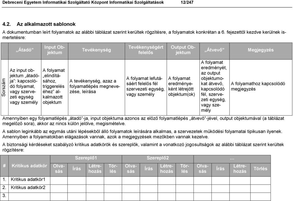 fejezettől kezdve kerülnek ismertetésre: Átadó Az input objektum átadója : kapcsolódó folyamat, vagy szervezeti egység vagy személy A folyamat elindításához, triggerelés éhez alkalmazott objektum A
