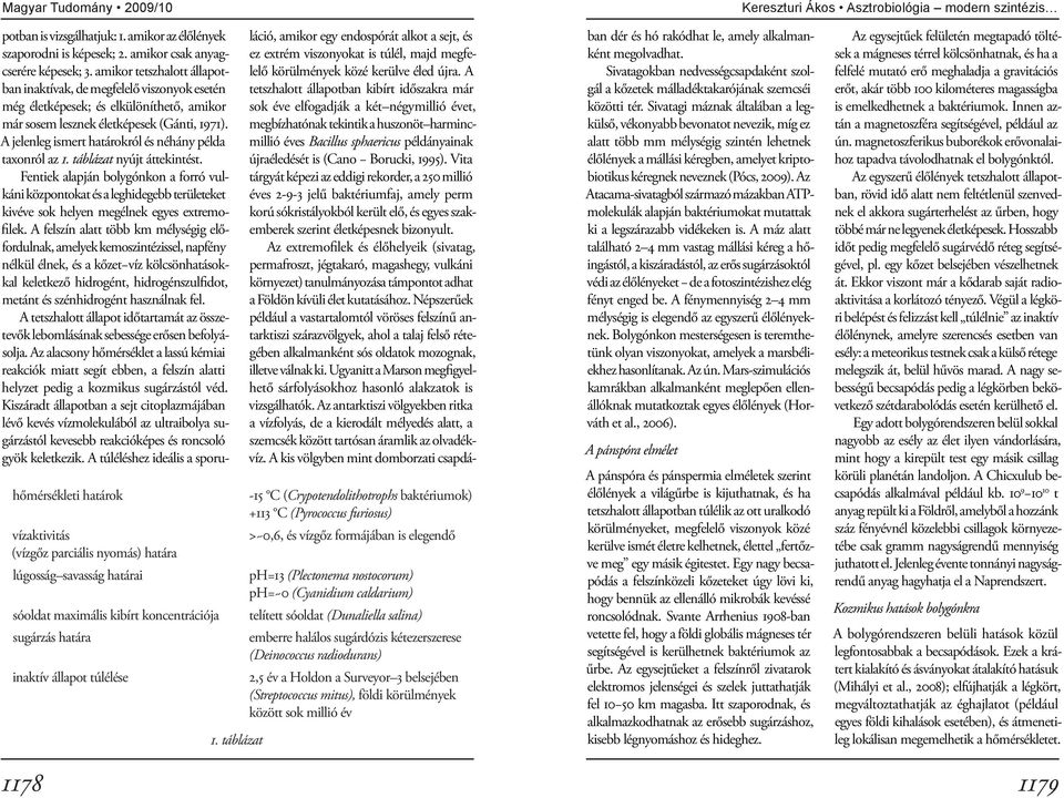 táblázat -15 C (Crypotendolithotrophs baktériumok) +113 C (Pyrococcus furiosus) >~0,6, és vízgőz formájában is elegendő ph=13 (Plectonema nostocorum) ph=~0 (Cyanidium caldarium) telített sóoldat