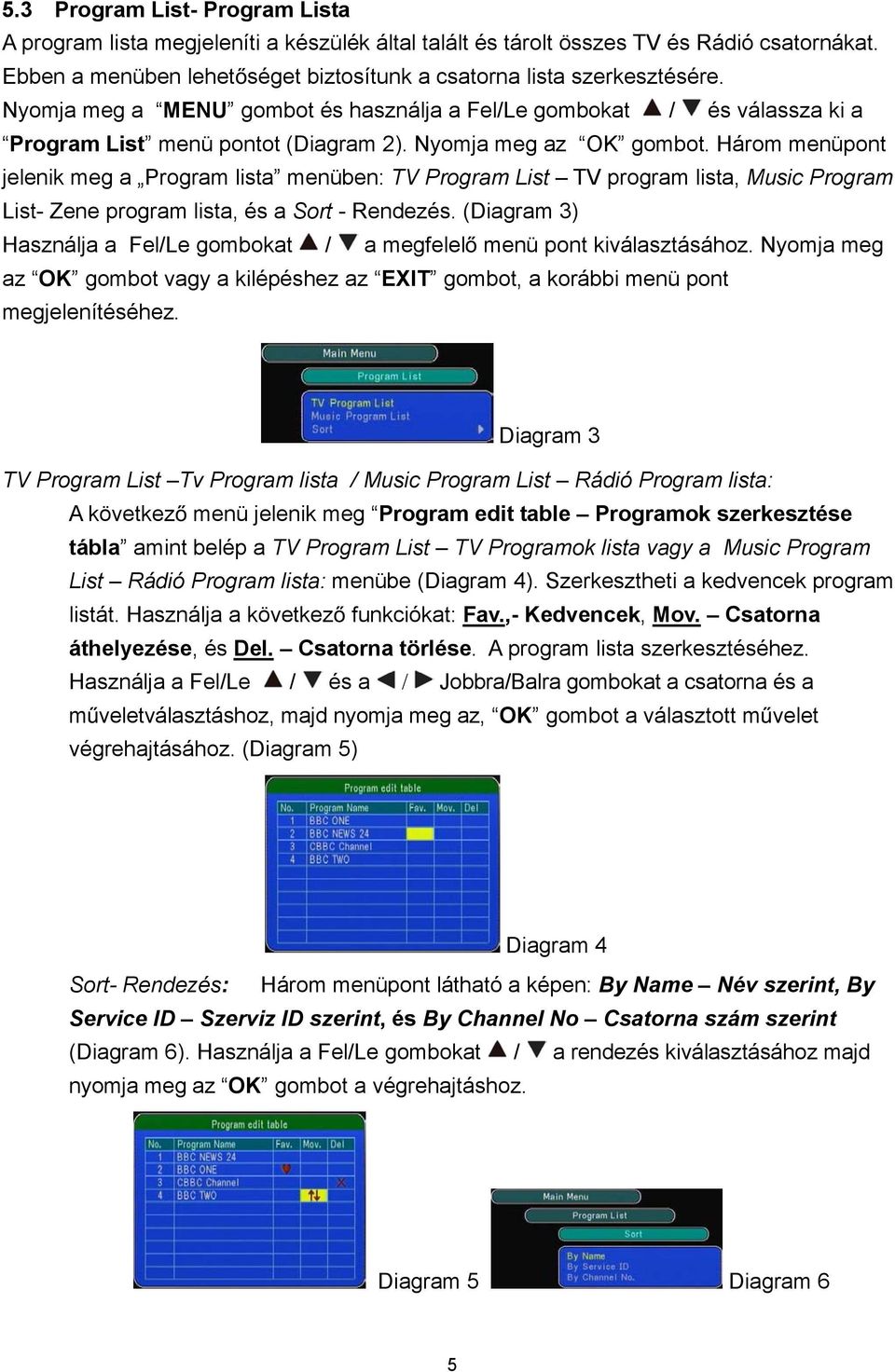 Három menüpont jelenik meg a Program lista menüben: TV Program List TV program lista, Music Program List- Zene program lista, és a Sort - Rendezés.