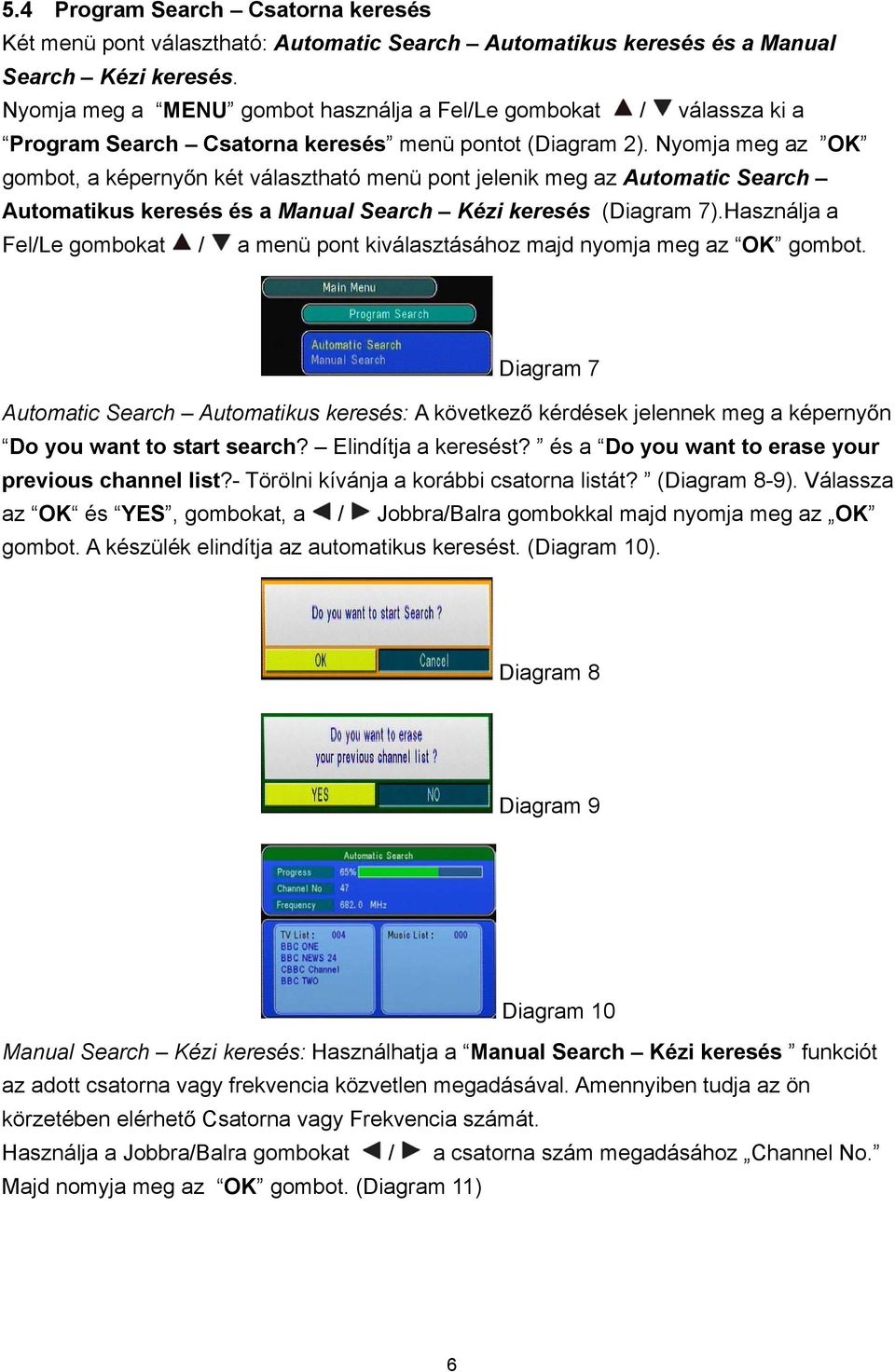 Nyomja meg az OK gombot, a képerny n két választható menü pont jelenik meg az Automatic Search Automatikus keresés és a Manual Search Kézi keresés (Diagram 7).