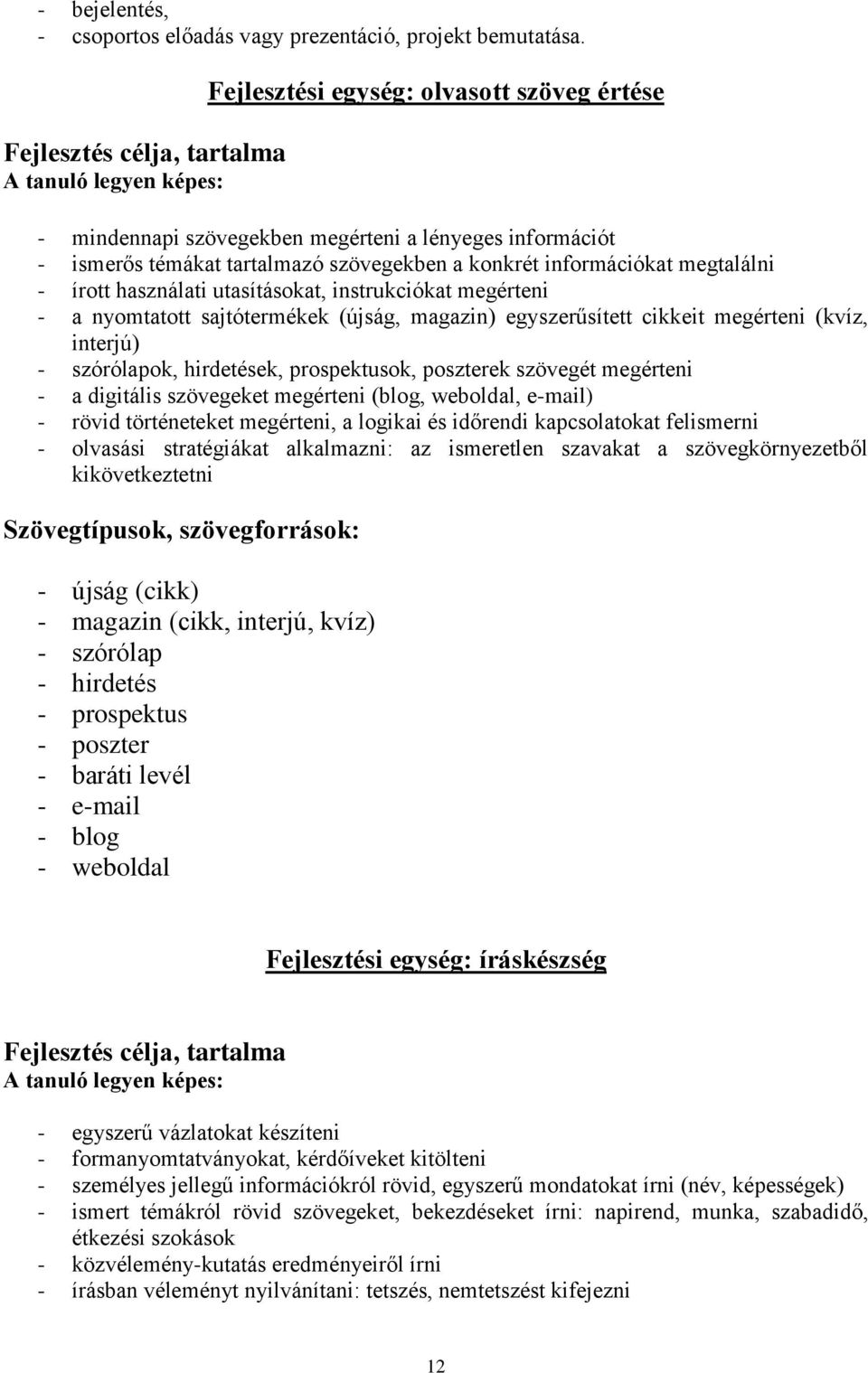 konkrét információkat megtalálni - írott használati utasításokat, instrukciókat megérteni - a nyomtatott sajtótermékek (újság, magazin) egyszerűsített cikkeit megérteni (kvíz, interjú) - szórólapok,