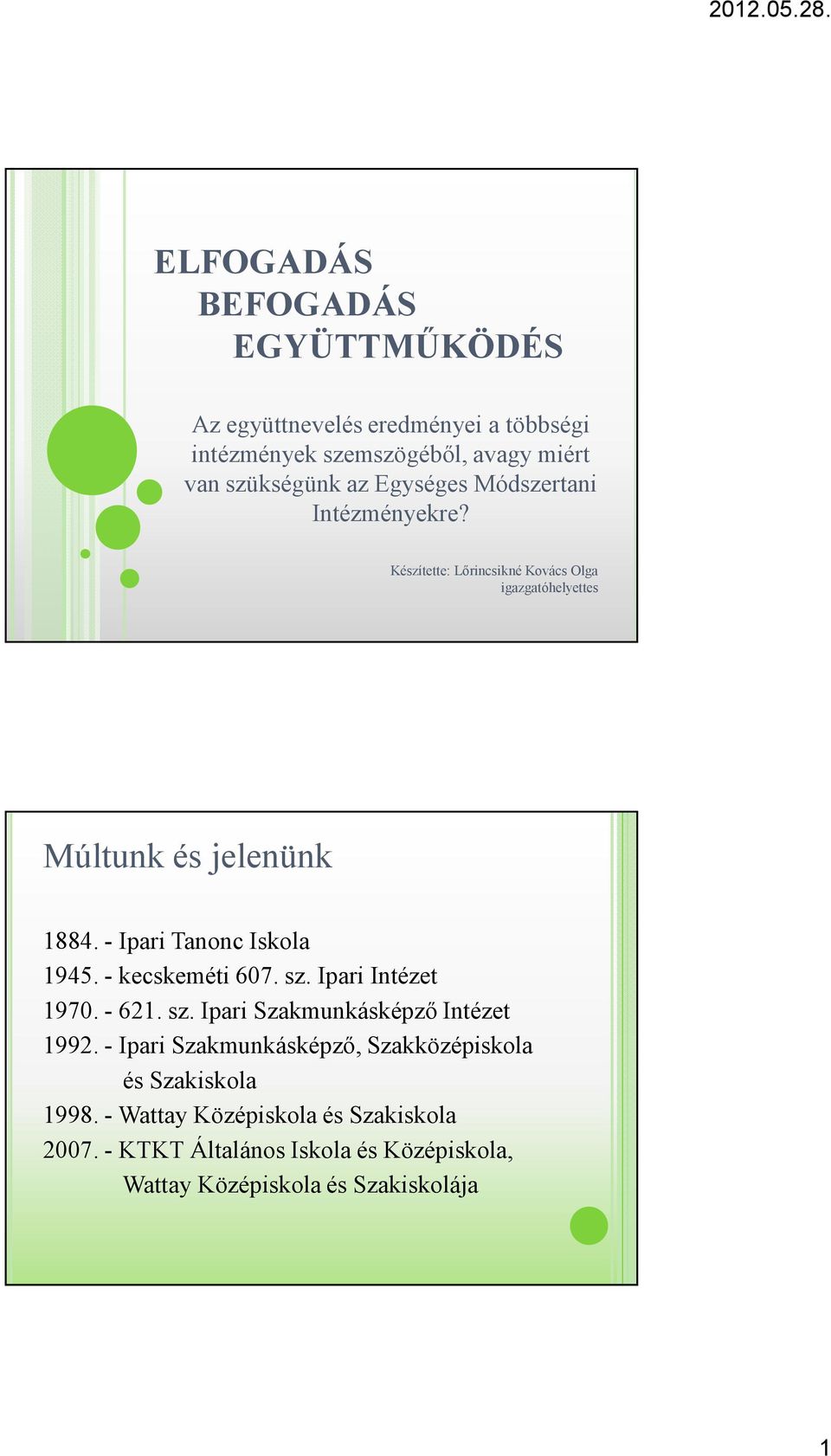 - Ipari Tanonc Iskola 1945. - kecskeméti 607. sz. Ipari Intézet 1970. - 621. sz. Ipari Szakmunkásképzı Intézet 1992.