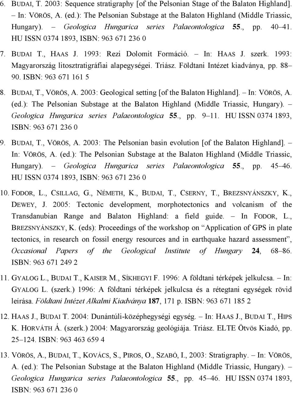 1993: Magyarország litosztratigráfiai alapegységei. Triász. Földtani Intézet kiadványa, pp. 88 90. ISBN: 963 671 161 5 8. BUDAI, T., VÖRÖS, A. 2003: Geological setting [of the Balaton Highland].