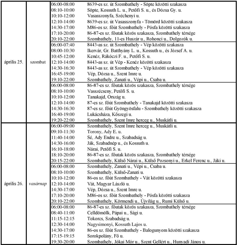 főutak közös szakasza, Szombathely térsége 20:10-22:00 Szombathely, 11-es Huszár u., Rohonci u., Dolgozók u. 06:00-07:40 8443-as sz. út Szombathely - Vép közötti szakasza 08:00-10:30 Ikervár, Gr.