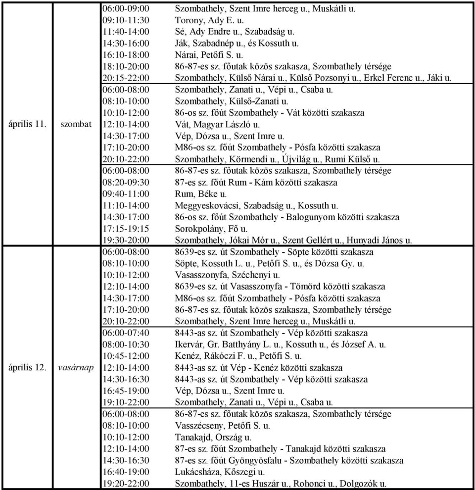 , Külső Pozsonyi u., Erkel Ferenc u., Jáki u. 06:00-08:00 Szombathely, Zanati u., Vépi u., Csaba u. 08:10-10:00 Szombathely, Külső-Zanati u. 10:10-12:00 86-os sz.