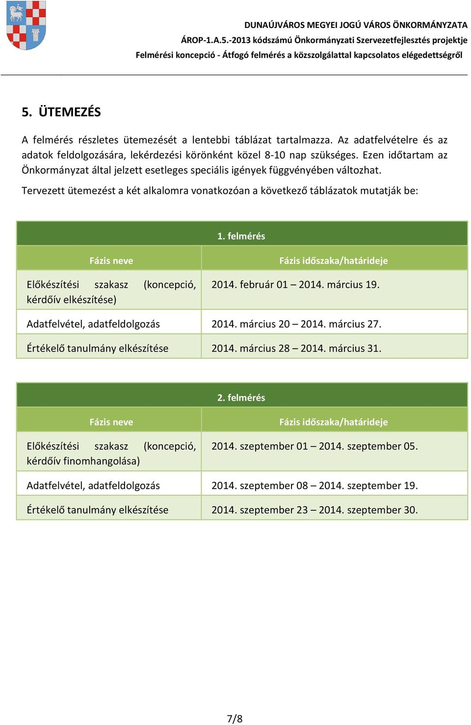 felmérés Fázis neve Előkészítési szakasz (koncepció, kérdőív elkészítése) Fázis időszaka/határideje 2014. február 01 2014. március 19. Adatfelvétel, adatfeldolgozás 2014. március 20 2014. március 27.