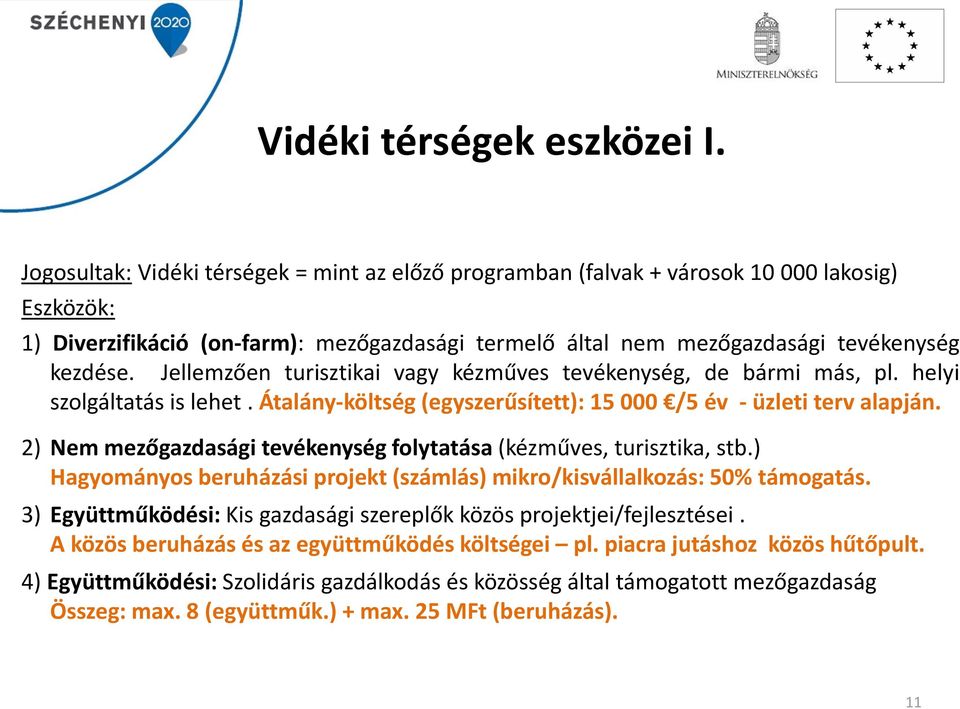 Jellemzően turisztikai vagy kézműves tevékenység, de bármi más, pl. helyi szolgáltatás is lehet. Átalány-költség (egyszerűsített): 15 000 /5 év - üzleti terv alapján.