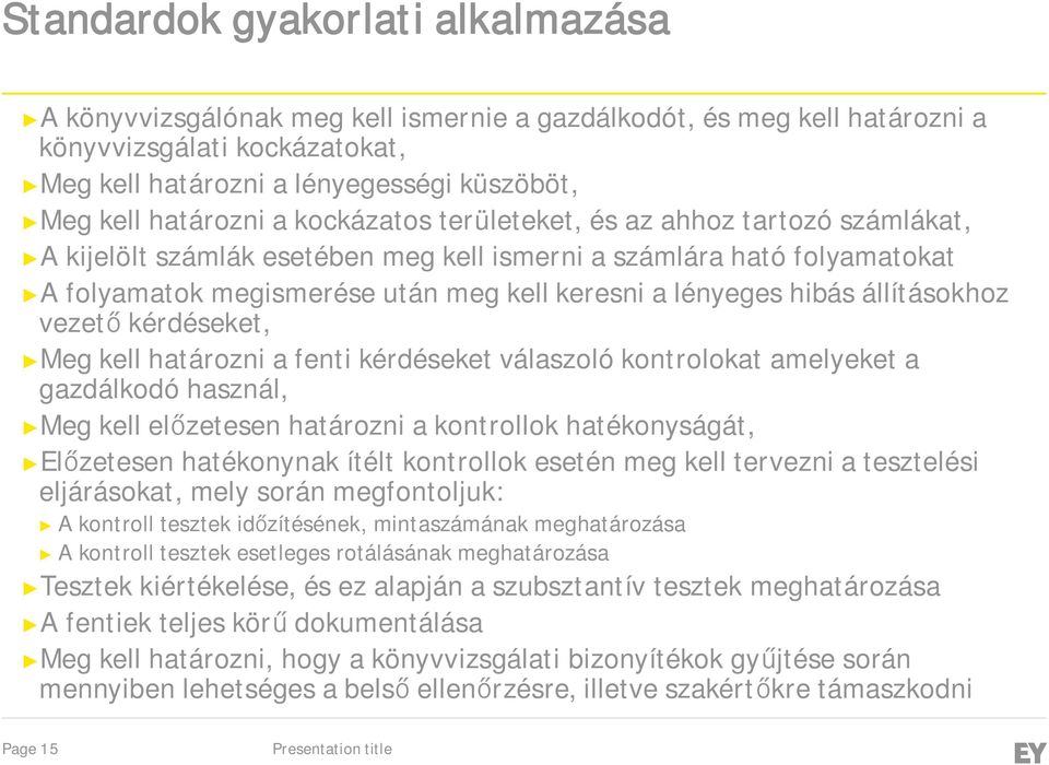 hibás állításokhoz vezető kérdéseket, Meg kell határozni a fenti kérdéseket válaszoló kontrolokat amelyeket a gazdálkodó használ, Meg kell előzetesen határozni a kontrollok hatékonyságát, Előzetesen