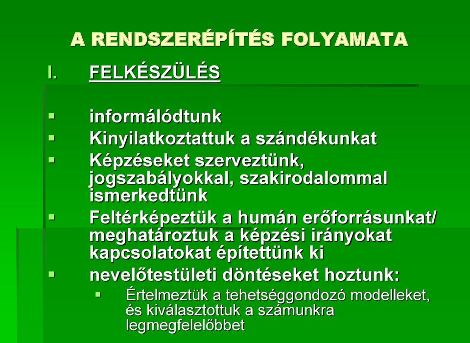 jogszabályokkal, szakirodalommal ismerkedtünk Feltérképeztük a humán erőforrásunkat/