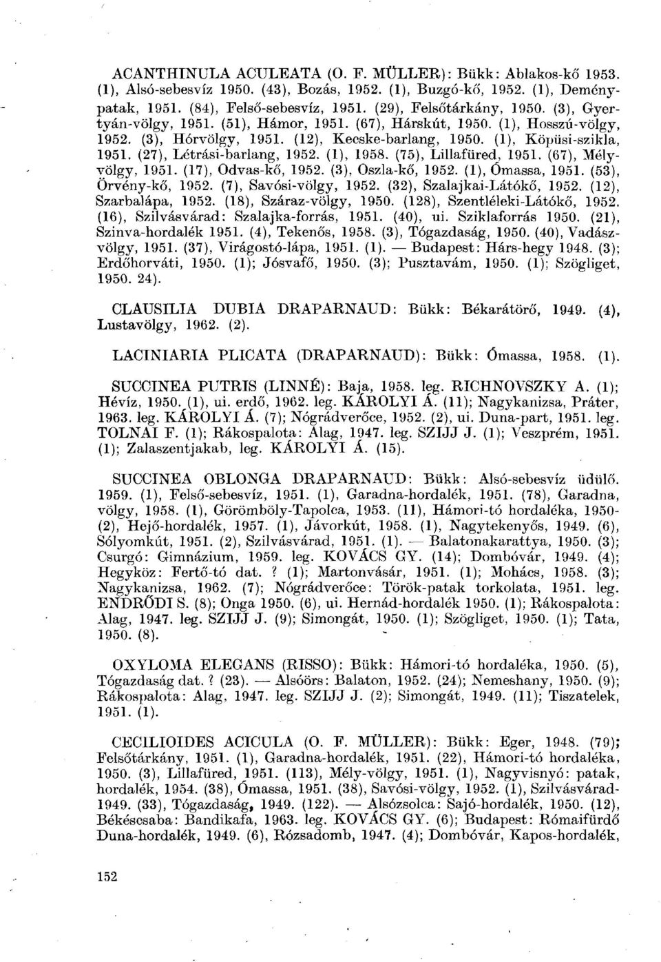 (27), Létrási-barlang, 1952. (1), 1958. (75), Lillafüred, 1951. (67), Mélyvölgy, 1951. (17), Odvas-kő, 1952. (3), Oszla-kő, 1952. (1), Ómassa, 1951. (53), Örvény-kő, 1952. (7), Savósi-völgy, 1952.