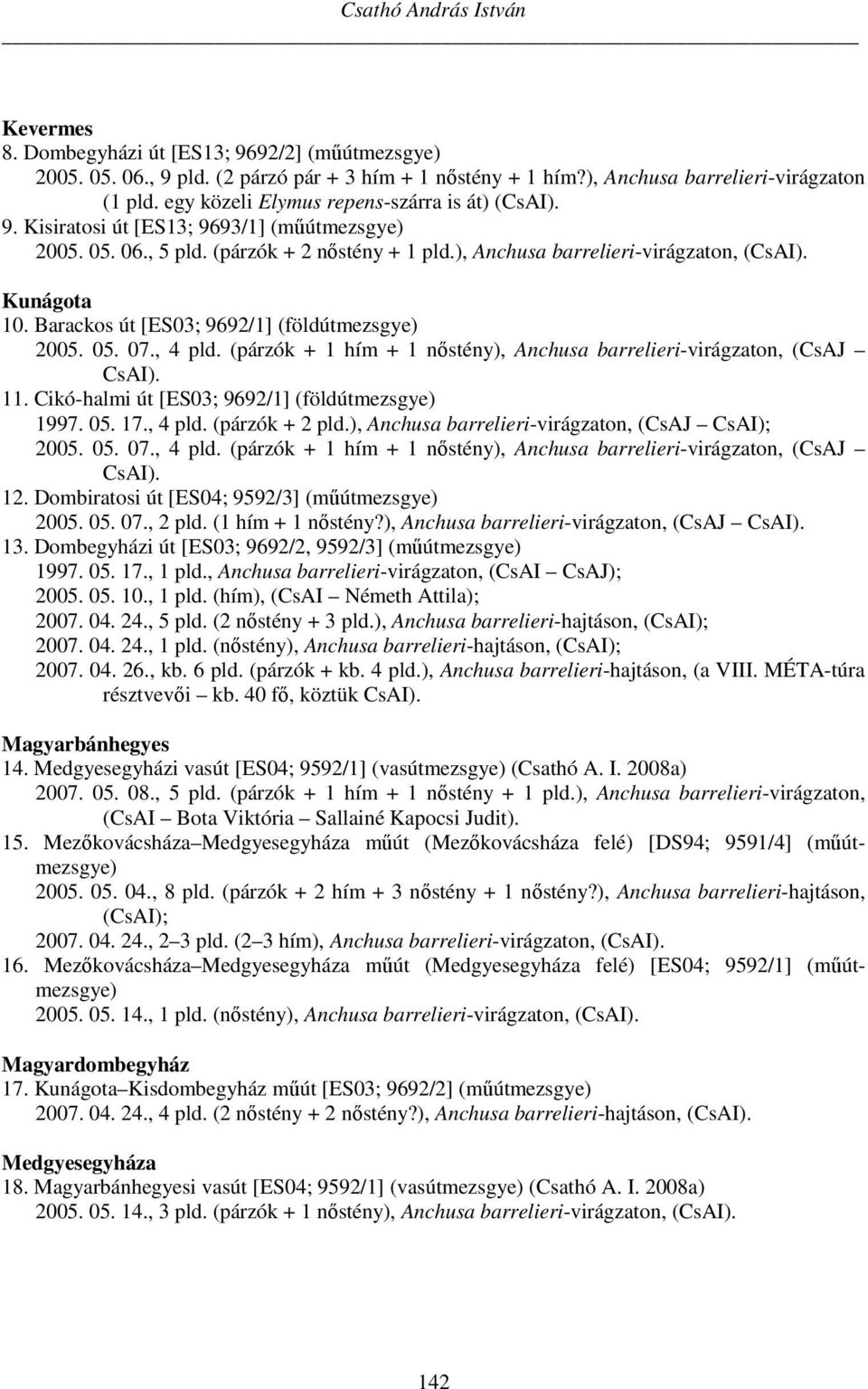 Barackos út [ES03; 9692/1] (földútmezsgye) 2005. 05. 07., 4 pld. (párzók + 1 hím + 1 nőstény), Anchusa barrelieri-virágzaton, (CsAJ CsAI). 11. Cikó-halmi út [ES03; 9692/1] (földútmezsgye) 1997. 05. 17.