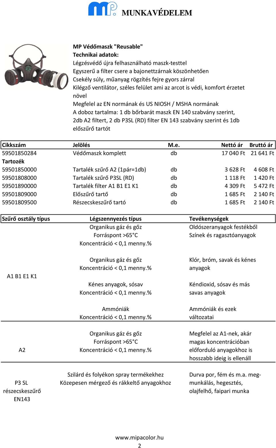 filter EN 143 szabvány szerint és 1db előszűrő tartót 59501850284 Védőmaszk komplett db 17040 Ft 21641 Ft Tartozék 59501850000 Tartalék szűrő A2 (1pár=1db) db 3628 Ft 4608 Ft 59501808000 Tartalék