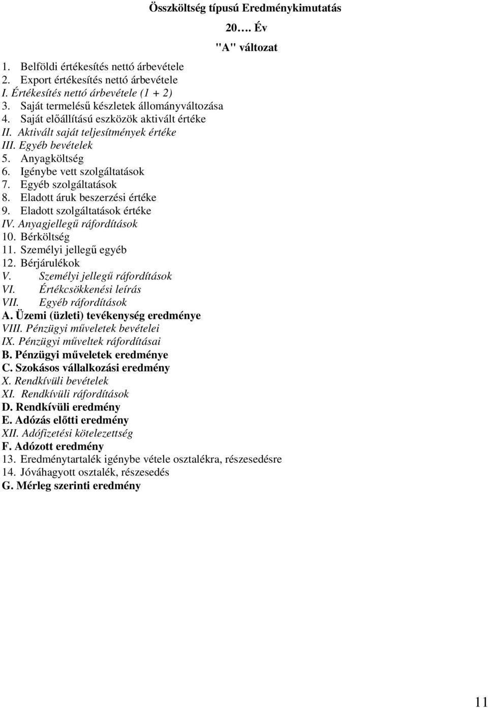Igénybe vett szolgáltatások 7. Egyéb szolgáltatások 8. Eladott áruk beszerzési értéke 9. Eladott szolgáltatások értéke IV. Anyagjellegű ráfordítások 10. Bérköltség 11. Személyi jellegű egyéb 12.
