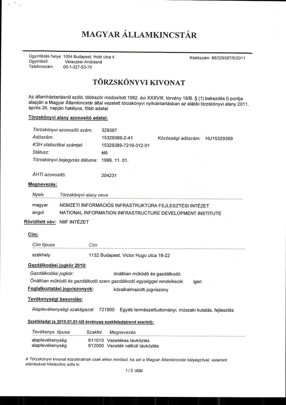 napj6n hat5lyos, fobb adatai: Tcirzskdnvvi alanv azonosit6 adatai : T6rzsk6nyviazonosit6szdm: 329387 Ad6sz6m: 15329989-241 K1zdssdgi ad6sz6m: HU15329389 KSH statisztikai szdmjet: 15329389-7219-312-01