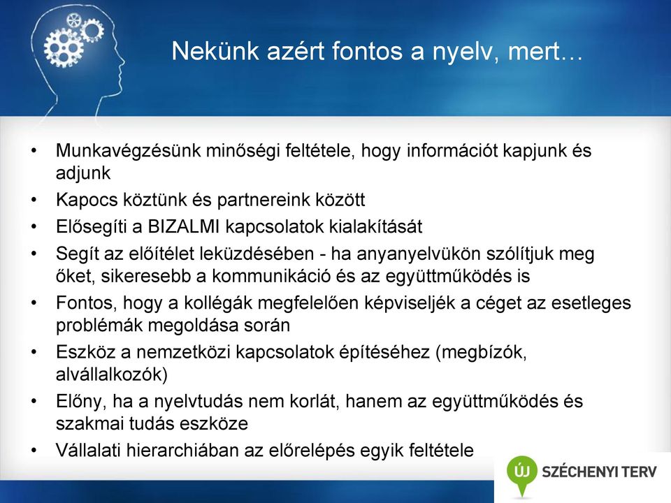 is Fontos, hogy a kollégák megfelelően képviseljék a céget az esetleges problémák megoldása során Eszköz a nemzetközi kapcsolatok építéséhez (megbízók,