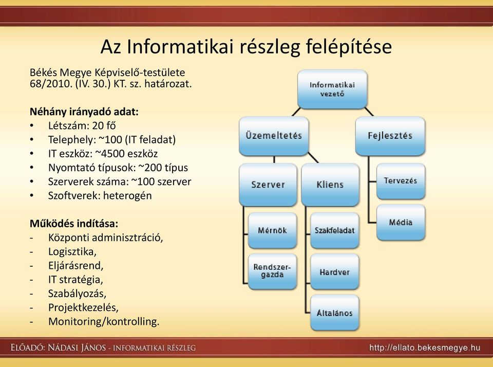 típusok: ~200 típus Szerverek száma: ~100 szerver Szoftverek: heterogén Működés indítása: - Központi