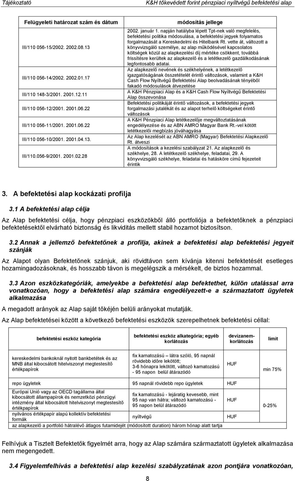 napján hatályba lépett Tpt-nek való megfelelés, befektetési politika módosulása, a befektetési jegyek folyamatos forgalmazását a Kereskedelmi és Hitelbank Rt.