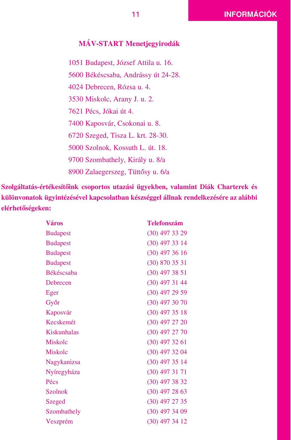 6/a Szolgáltatás-értékesítôink csoportos utazási ügyekben, valamint Diák Charterek és különvonatok ügyintézésével kapcsolatban készséggel állnak rendelkezésére az alábbi elérhetôségeken: Város