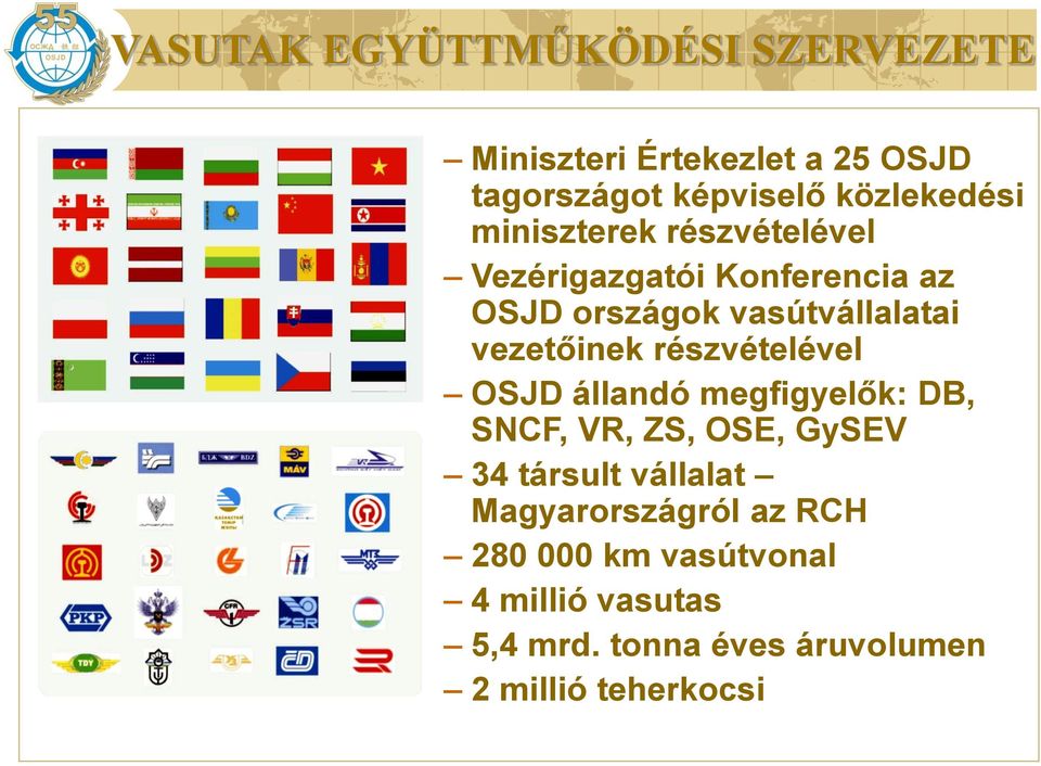részvételével OSJD állandó megfigyelők: DB, SNCF, VR, ZS, OSE, GySEV 34 társult vállalat