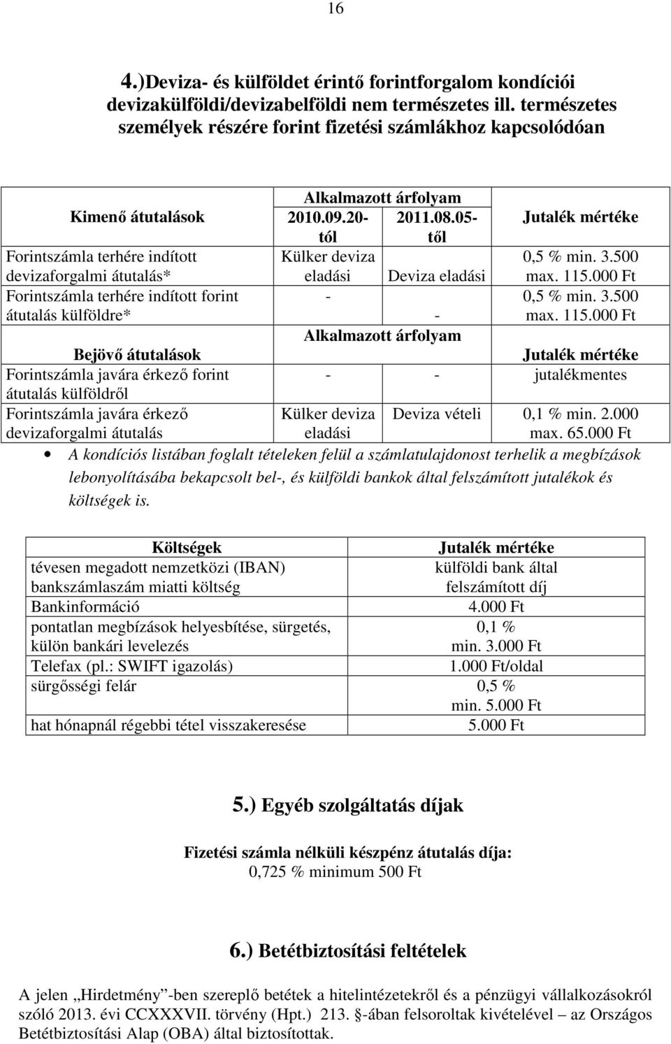 Alkalmazott árfolyam 2010.09.20- tól 2011.08.05- től Jutalék mértéke Külker deviza 0,5 % min. 3.500 eladási Deviza eladási max. 115.