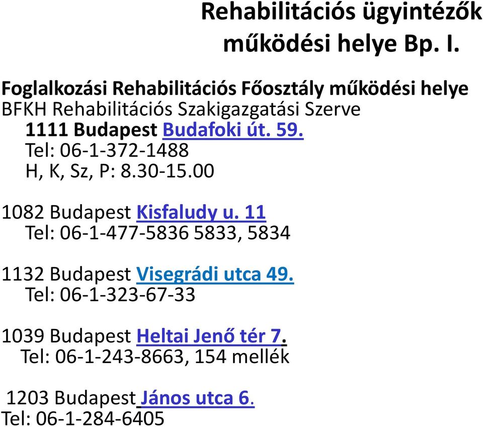 Budafoki út. 59. Tel: 06-1-372-1488 H, K, Sz, P: 8.30-15.00 1082 Budapest Kisfaludy u.