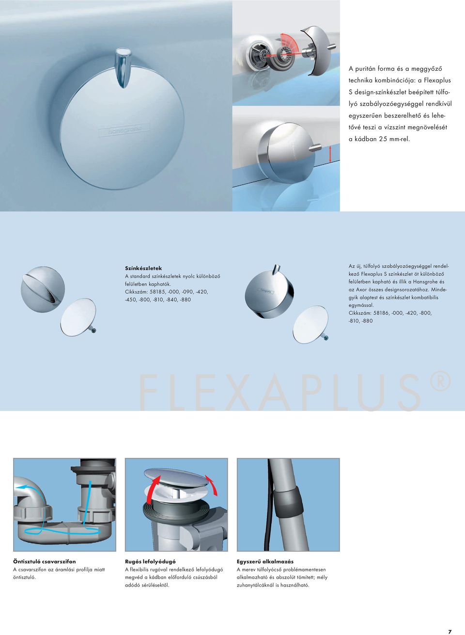 Cikkszám: 58185, -000, -090, -420, -450, -800, -810, -840, -880 Az új, túlfolyó szabályozóegységgel rendelkező Flexaplus S színkészlet öt különböző felületben kapható és illik a Hansgrohe és az Axor