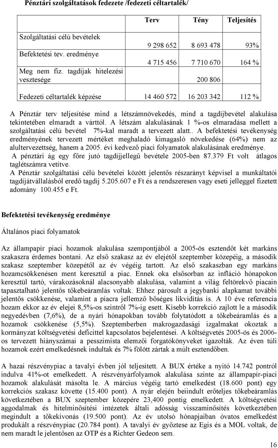 várttól. A létszám alakulásának 1 %-os elmaradása mellett a szolgáltatási célú bevétel 7%-kal maradt a tervezett alatt.