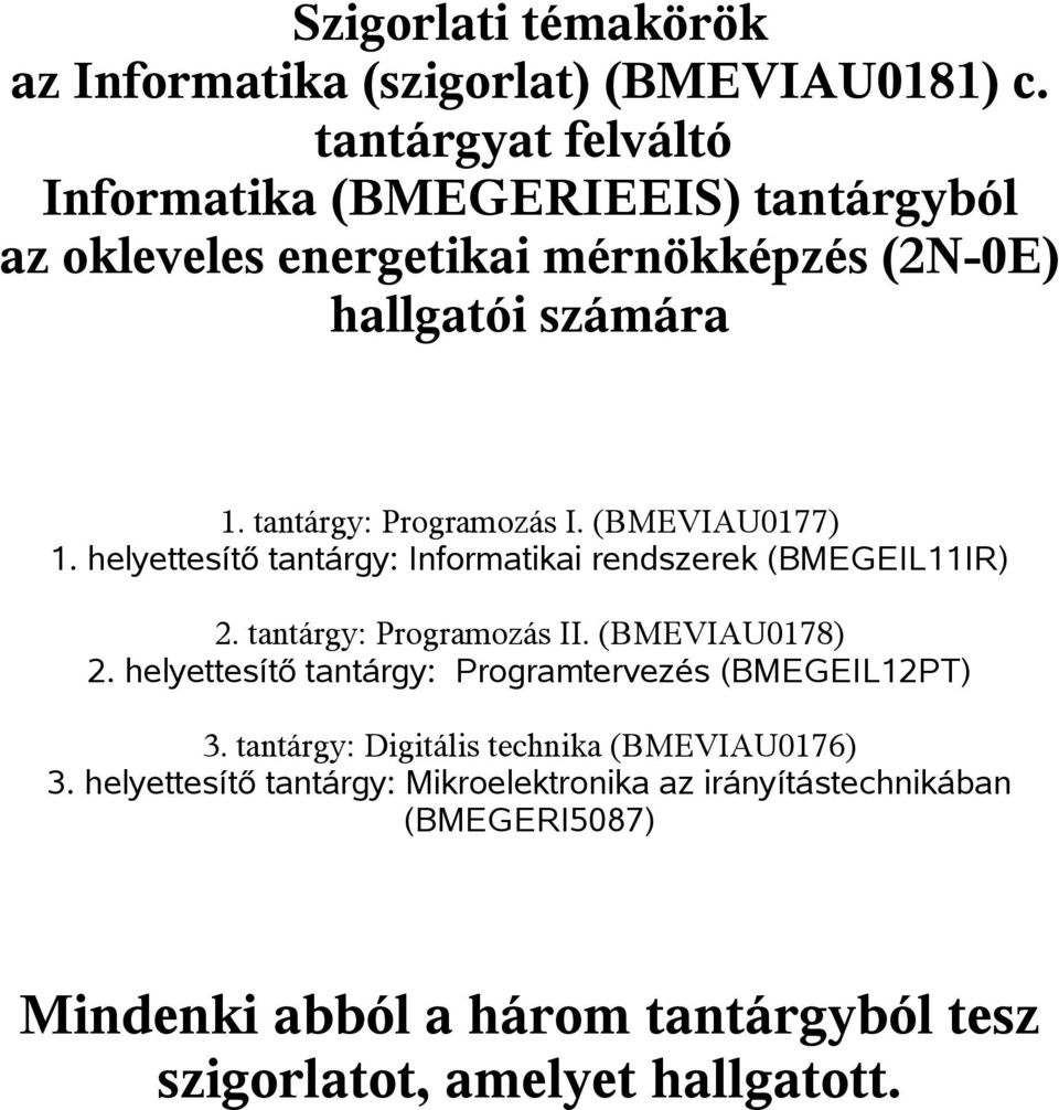 tantárgy: Programozás I. (BMEVIAU0177) 1. helyettesítő tantárgy: Informatikai rendszerek (BMEGEIL11IR) 2. tantárgy: Programozás II. (BMEVIAU0178) 2.