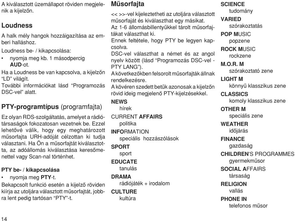 PTY-programtípus (programfajta) Ez olyan RDS-szolgáltatás, amelyet a rádiótársaságok fokozatosan vezetnek be.
