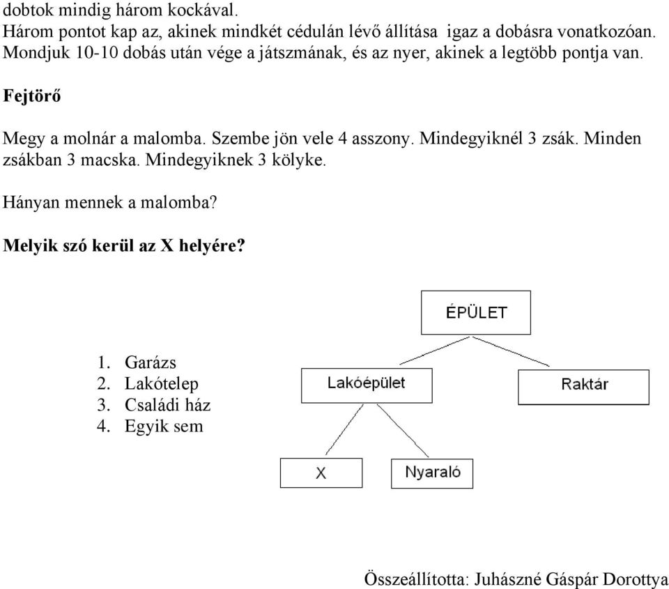 Szembe jön vele 4 asszony. Mindegyiknél 3 zsák. Minden zsákban 3 macska. Mindegyiknek 3 kölyke. Hányan mennek a malomba?