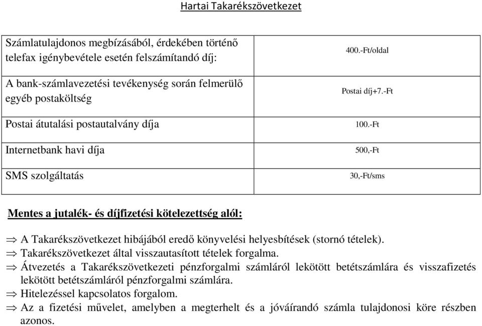 -Ft 500,-Ft 30,-Ft/sms Mentes a jutalék- és díjfizetési kötelezettség alól: A Takarékszövetkezet hibájából eredő könyvelési helyesbítések (stornó tételek).