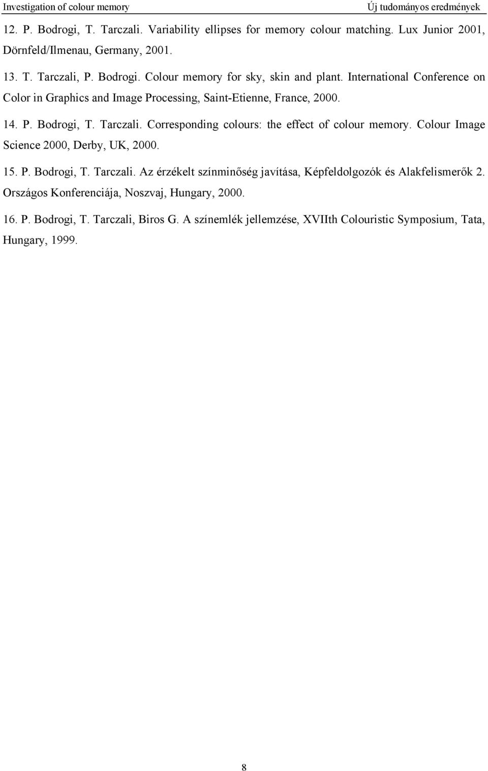 Corresponding colours: the effect of colour memory. Colour Image Science 2000, Derby, UK, 2000. 15. P. Bodrogi, T. Tarczali.