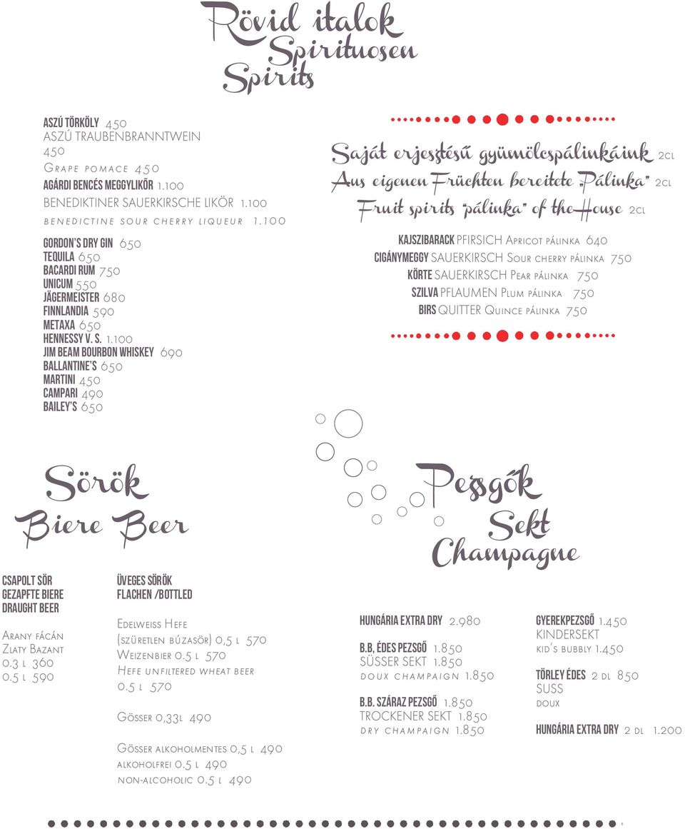 100 Jim Beam Bourbon Whiskey 690 Ballantine s 650 Martini 450 Campari 490 Bailey s 650 Saját erjesztésű gyümölcspálinkáink 2cl Aus eigenen Früchten bereitete Pálinka 2cl Fruit spirits pálinka of the