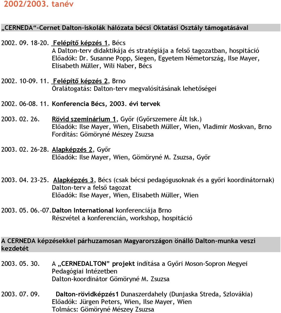 Susanne Popp, Siegen, Egyetem Németország, Ilse Mayer, Elisabeth Müller, Wili Naber, Bécs 2002. 10-09. 11. Felépítő képzés 2, Brno Óralátogatás: Dalton-terv megvalósításának lehetőségei 2002. 06-08.