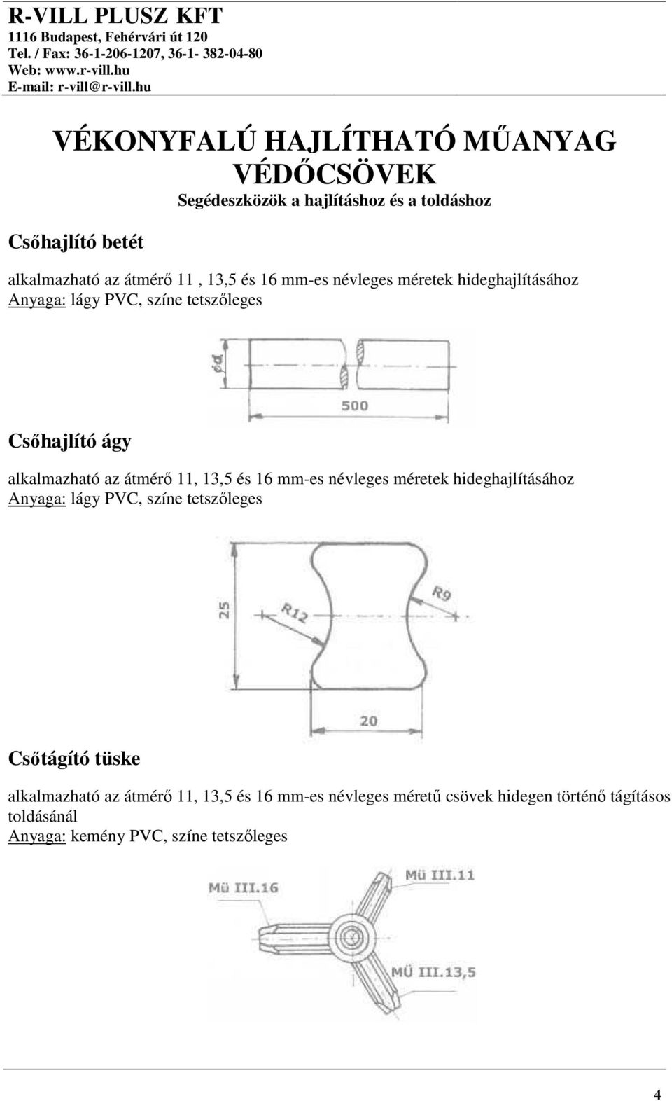 átmérő 11, 13,5 és 16 mm-es névleges méretek hideghajlításához Anyaga: lágy PVC, színe tetszőleges Csőtágító tüske