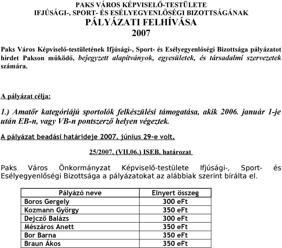 január 1-je után EB-n, vagy VB-n pontszerző helyen végeztek. A pályázat beadási határideje 27. június 29-e volt. 25/27. (VII.6.) ISEB.