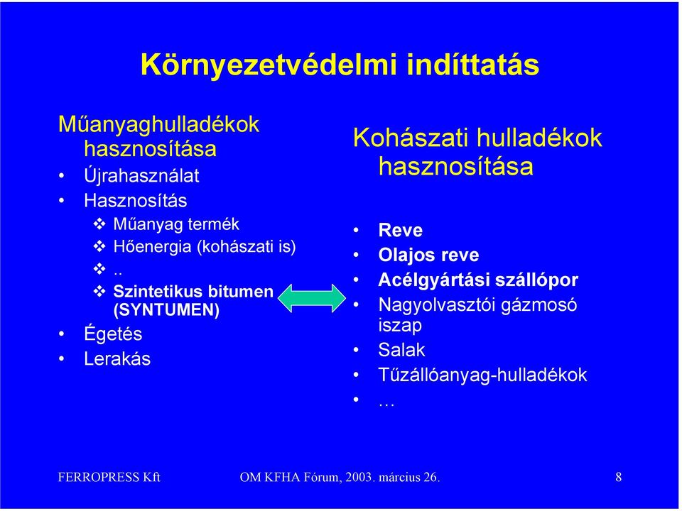 . Szintetikus bitumen (SYNTUMEN) Égetés Lerakás Kohászati hulladékok hasznosítása Reve