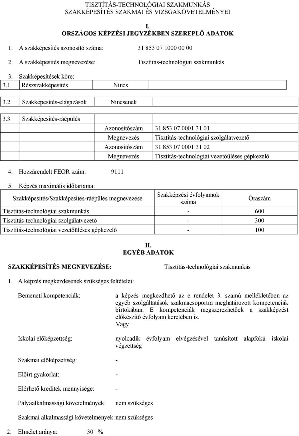 3 Szakképesítés-ráépülés zonosítószám 31 853 07 0001 31 01 Megnevezés Tisztítás-technológiai szolgálatvezető zonosítószám 31 853 07 0001 31 02 Megnevezés Tisztítás-technológiai vezetőüléses gépkezelő