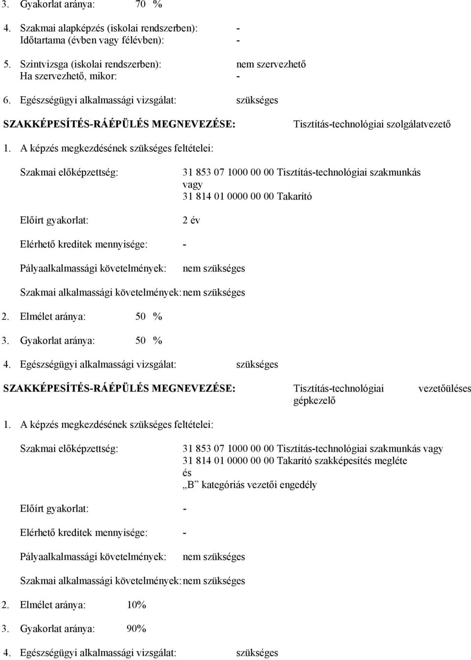 képzés megkezdésének szükséges feltételei: Szakmai előképzettség: Előírt gyakorlat: 31 853 07 1000 00 00 Tisztítás-technológiai szakmunkás vagy 31 814 01 0000 00 00 Takarító 2 év Elérhető kreditek