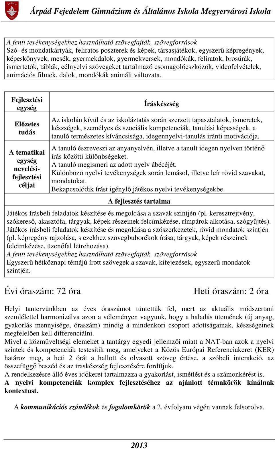 Fejlesztési egység Előzetes tudás A tematikai egység nevelésifejlesztési céljai Íráskészség Az iskolán kívül és az iskoláztatás során szerzett tapasztalatok, ismeretek, készségek, személyes és