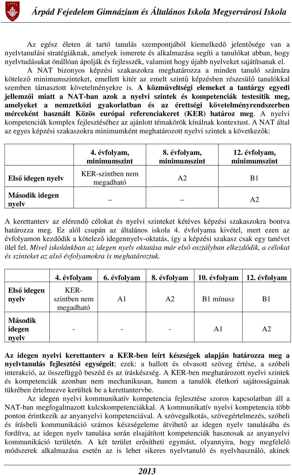 A NAT bizonyos képzési szakaszokra meghatározza a minden tanuló számára kötelező minimumszinteket, emellett kitér az emelt szintű képzésben részesülő tanulókkal szemben támasztott követelményekre is.